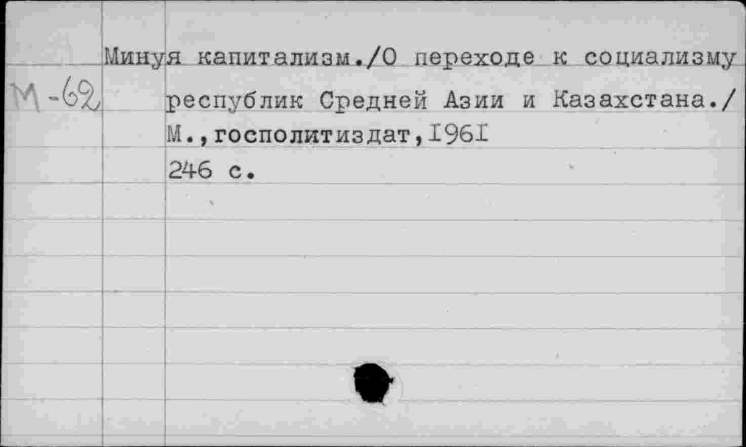 ﻿Минуя капитализм./О переходе к социализму республик Средней Азии и Казахстана./ М.,госполитиздат,1961 246 с.